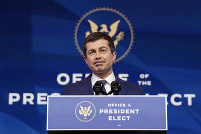 Former South Bend, Ind., Mayor Pete Buttigieg, President-elect Joe Biden's nominee to be transportation secretary, speaks after Biden announced his nomination during a news conference at The Queen theater in Wilmington, Del., Wednesday, Dec. 16, 2020.