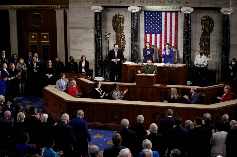 Ukrainian President Volodymyr Zelenskyy addresses a joint meeting of Congress on Capitol Hill in Washington, Wednesday, Dec. 21, 2022.