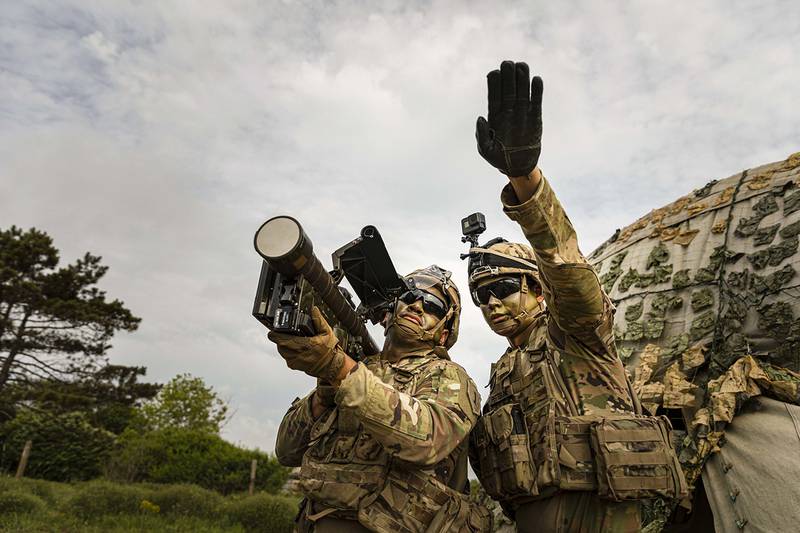 Sgt. Zane Pettibone and Spc. Svenson Albert conduct engagement sequences and the 13 critical checks of the Stinger Man-Portable Air Defense System (MANPADS) as part of the multinational live-fire training exercise Shabla 19, June 11, 2019.