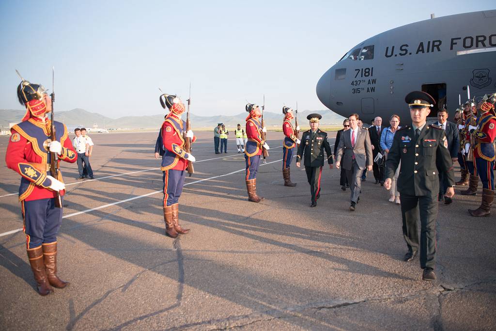 Secretary of Defense Mark Esper and wife, Leah, arrive in Mongolia, Aug. 7, 2019.