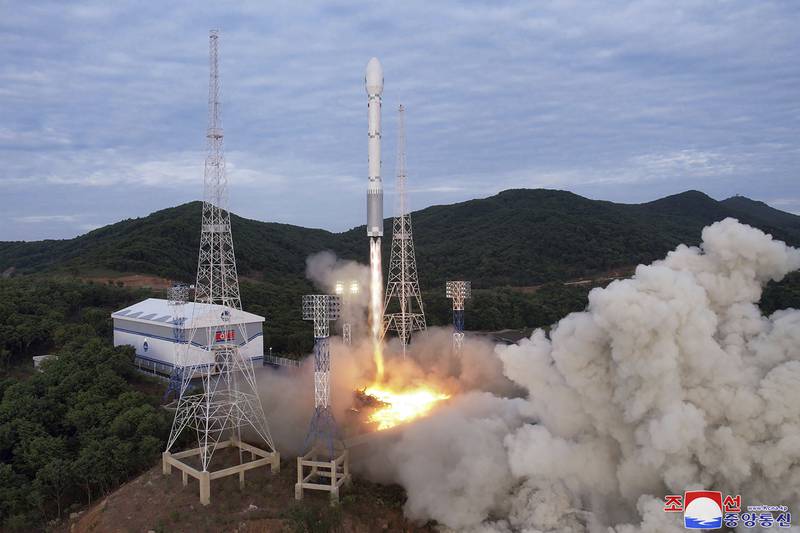 This photo provided by the North Korean government, shows what it says a launch of the newly developed Chollima-1 rocket carrying the Malligyong-1 satellite at the Sohae Satellite Launching Ground, on May 31, 2023.