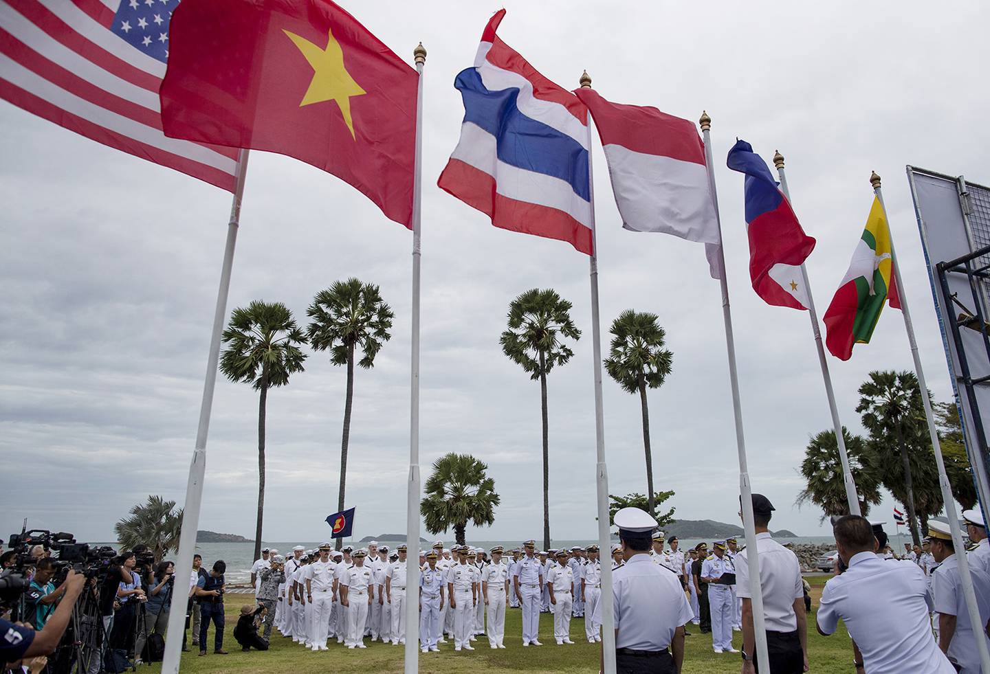 Officers of the U.S. Navy and maritime forces of Association of Southeast Asian Nations (ASEAN) participate in the inauguration ceremony of ASEAN-U.S. Maritime Exercise in Sattahip, Thailand, Monday, Sep. 2, 2019.