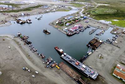 This photo provided by the City of Nome shows the inner harbor of the Port of Nome, Alaska, on Aug. 11, 2017, where goods at that arrive at the port are then prepared for shipment to villages throughout the region.