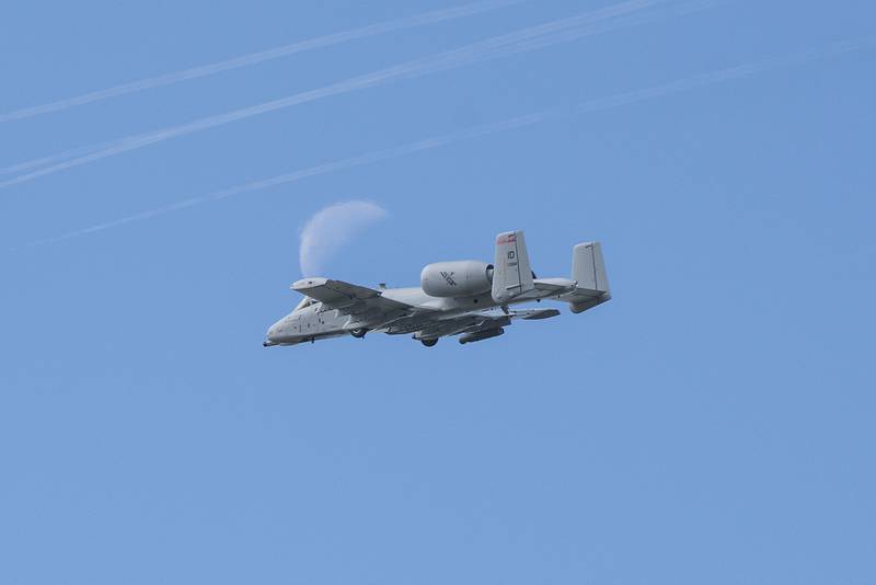 The moon snuck in this shot as two 124th Fighter Wing A-10 Thunderbolt IIs linked up with two F-15E Strike Eagles from Mountain Home Air Force Base on May 15, 2020, for a flyover throughout cities of Idaho to honor essential workers and show appreciation to the sacrifice, commitment and bravery of all Idaho's essential workers and citizens keeping Idaho running during this challenging time with the COVID-19 pandemic.