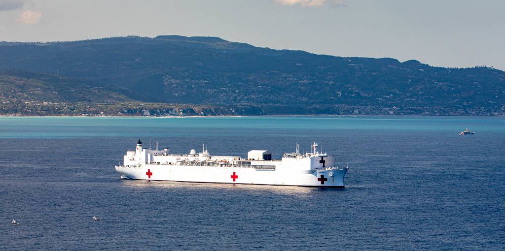 The hospital ship USNS Comfort anchors off the coast of Jeremie, Haiti, Dec. 12, 2022.
