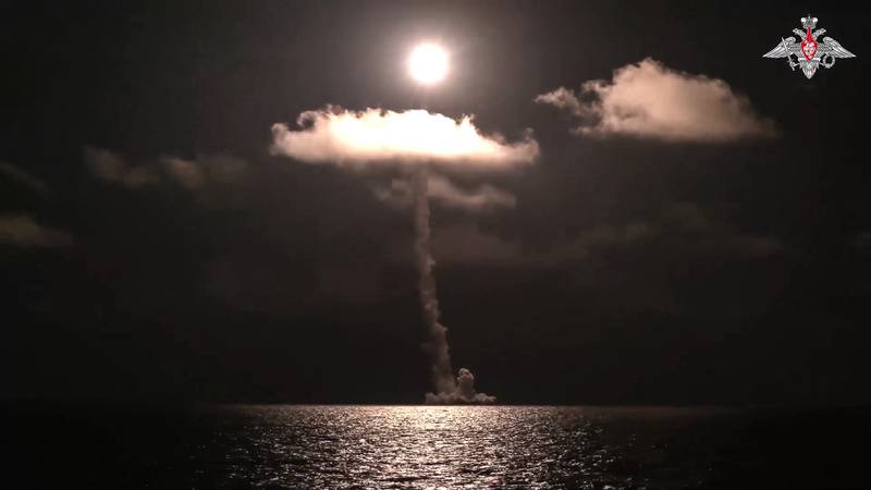 In this photo released by Russian Defense Ministry Press Service on Sunday, Nov. 5, 2023, The Emperor Alexander III nuclear submarine of the Russia navy test-fires a Bulava intercontinental ballistic missile from the White Sea.