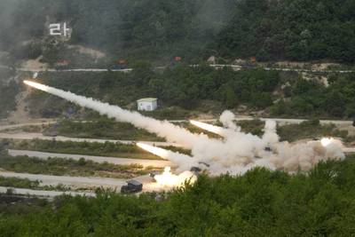 South Korean army's multiple launch rocket systems fire rockets during South Korea-U.S. joint military drills at Seungjin Fire Training Field in Pocheon, South Korea, Thursday, May 25, 2023.