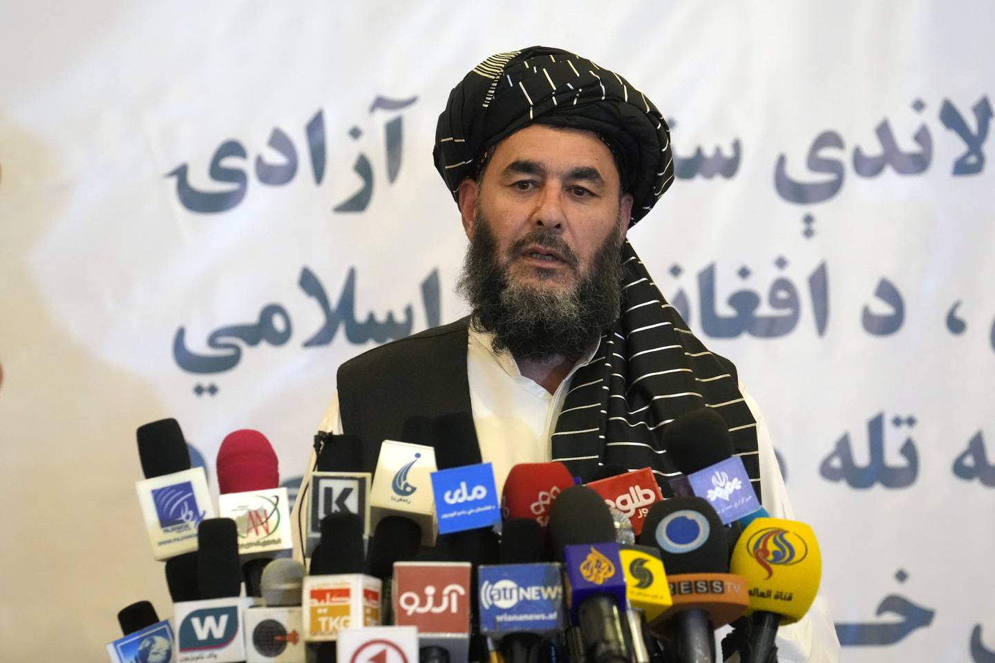 Bashir Noorzai speaks during his release ceremony at the Intercontinental Hotel, in Kabul, Afghanistan, Monday, Sept. 19, 2022.