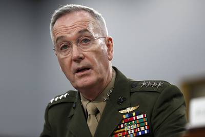 In this May 1, 2019, file photo, Joint Chiefs of Staff Chairman Gen. Joseph Dunford testifies during a House Appropriations subcommittee on budget hearing on Capitol Hill in Washington.