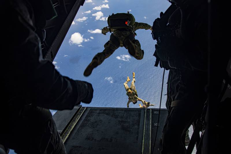 Marines perform parachute operations at Marine Corps Air Station Kaneohe Bay, Marine Corps Base Hawaii, May 28, 2020.