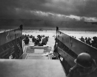 A view from inside one of the landing craft after U.S. troops hit the water during the Allied D-Day invasion of Normandy, France.