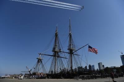 The U.S. Air Force Thunderbirds fly over the USS Constitution in Boston Harbor during a ‘Salute to Great Cities of the American Revolution’ on July 4, 2020. The Department of Defense conducted the flyover of Boston to recognize the role the city played in the birth of the nation.