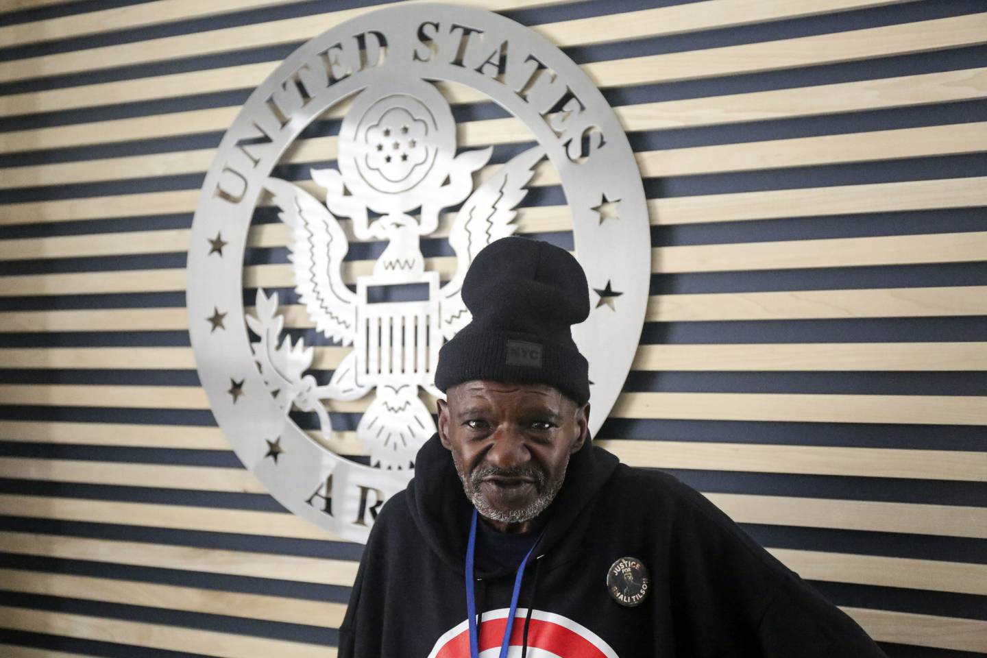 In this photo provided by Gabriella Rico, Vietnam War-era Army veteran Harold Tilson Jr., stands in a room on the campus of the Veterans Empowerment Organization in Atlanta, Nov. 10, 2023.