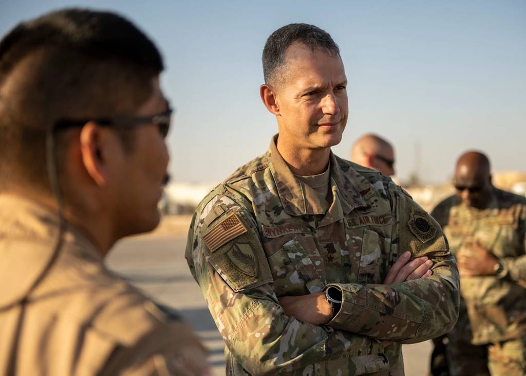 Then-Maj. Gen. Alexus Grynkewich, now Air Forces Central Command boss, talks with 332nd Air Expeditionary Wing Airmen during a tour Sept. 11, 2021, of an undisclosed military location somewhere in Southwest Asia. (Master Sgt. Traci Keller/Air Force)