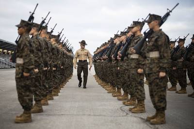 Staff Sgt. Andrew Snyder evaluates recruits with Charlie Company, 1st Recruit Training Battalion during their final drill evaluation at Marine Corps Recruit Depot, San Diego, Dec. 14, 2019.