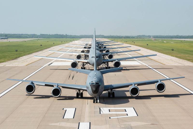 One KC-135 Stratotanker and seven KC-46A Pegasus perform an elephant walk July 1, 2020, at McConnell Air Force Base, Kan.