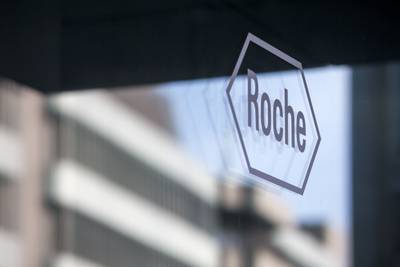 The logo of the pharmaceutical company Roche is pictured during an annual news conference in Basel, Switzerland, Feb. 1, 2017.