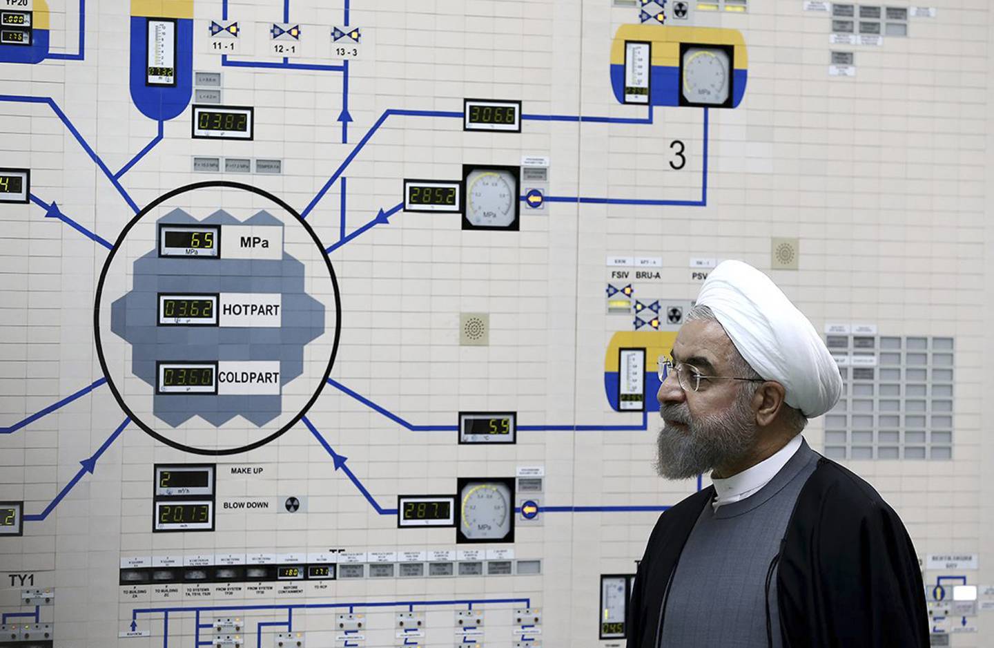 In this Jan. 13, 2015, file photo, President Hassan Rouhani visits the Bushehr nuclear power plant just outside of Bushehr, Iran.