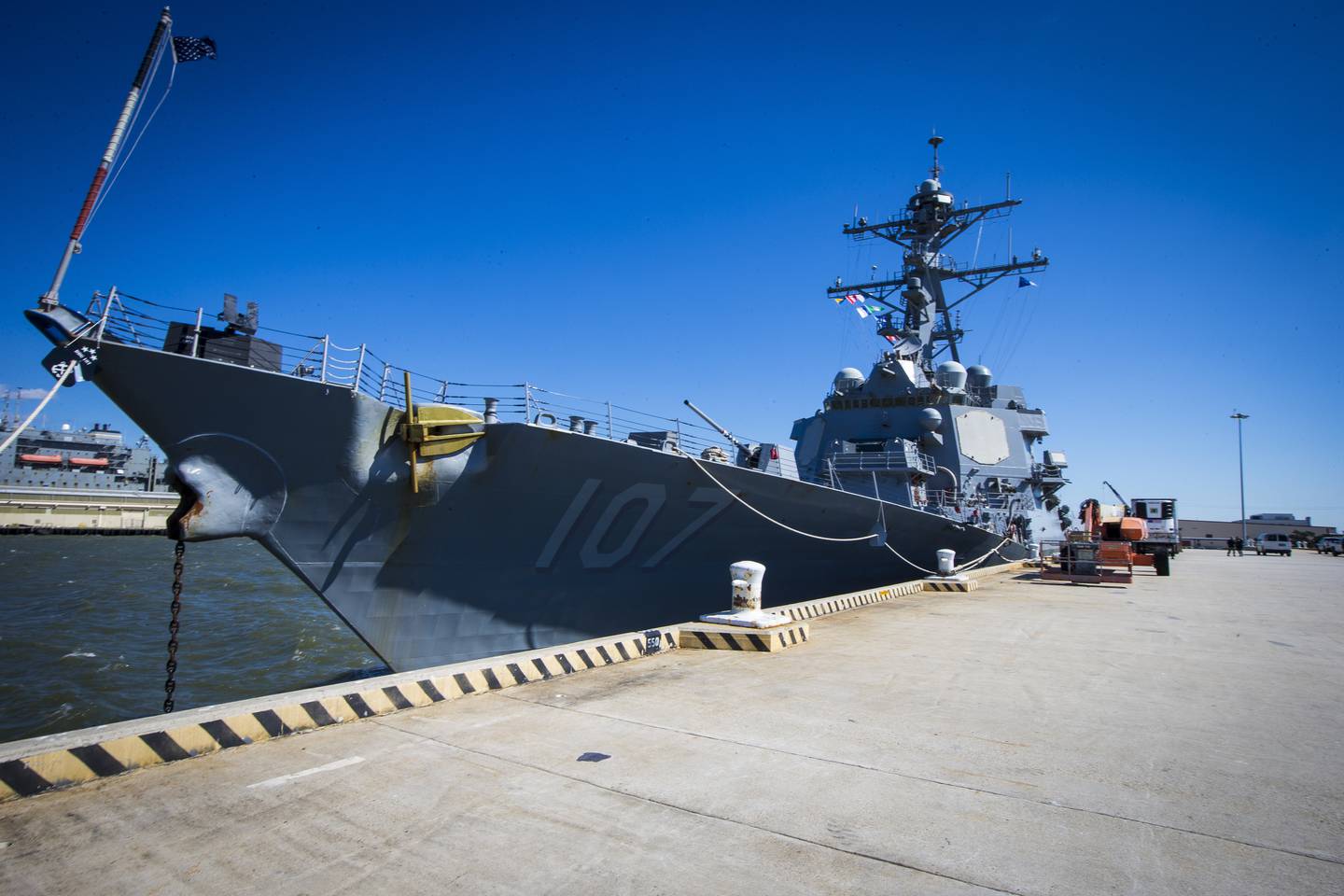 The Arleigh Burke-class destroyer USS Gravely is docked at its home port Norfolk Naval Station in Norfolk, Va. on Tuesday, March 14, 2023.