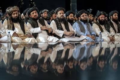 Taliban leaders attend a ceremony marking the 10th anniversary of the death of Mullah Mohammad Omar, the founder of the Taliban, in Kabul, Afghanistan, Thursday, May 11, 2023.