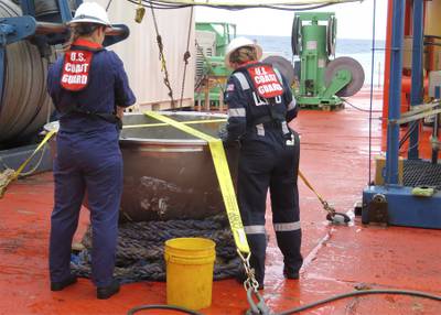 In this photo provided by the U.S. National Transportation Safety Board, U.S. Coast Guard marine safety engineers assigned to the Marine Safety Center in Washington D.C., working for the Marine Board of Investigation for the Titan submersible case, conduct a survey of the aft titanium endcap from the Titan submersible, in the North Atlantic Ocean, Sunday, Oct. 1, 2023.