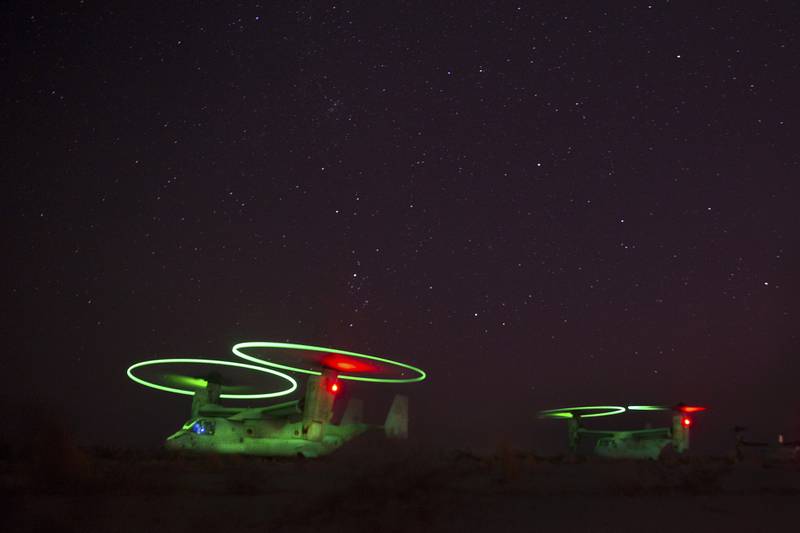 Marine Corps MV-22B Ospreys refuel Oct. 5, 2020, during static forward arming and refueling point training at Holtville Airfield in Holtville, Calif., Oct. 5, 2020.
