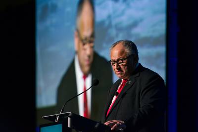 U.S. Navy Secretary Carlos Del Toro begins his keynote speech Dec. 12, 2023, at the Association of Old Crows conference south of Washington, D.C.