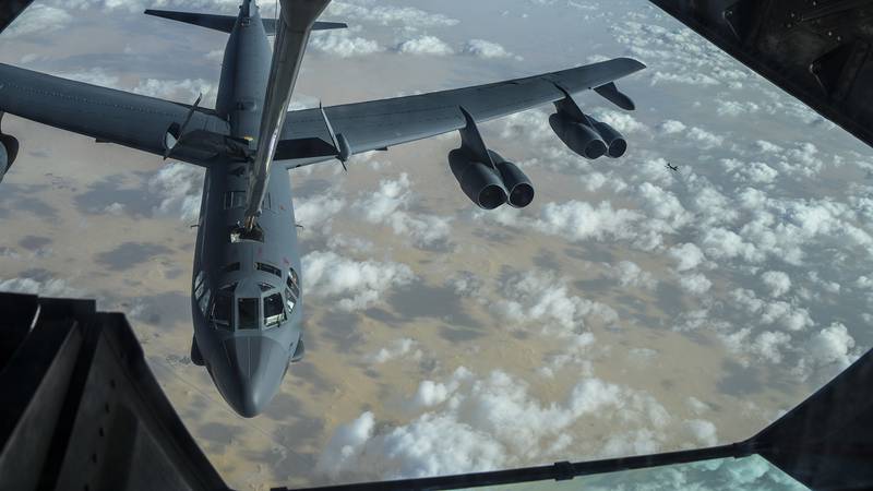 A KC-10 Extender refuels a U.S. Air Force B-52 Stratofortress mission over the U.S. Central Command area of responsibility, Jan. 17, 2021.