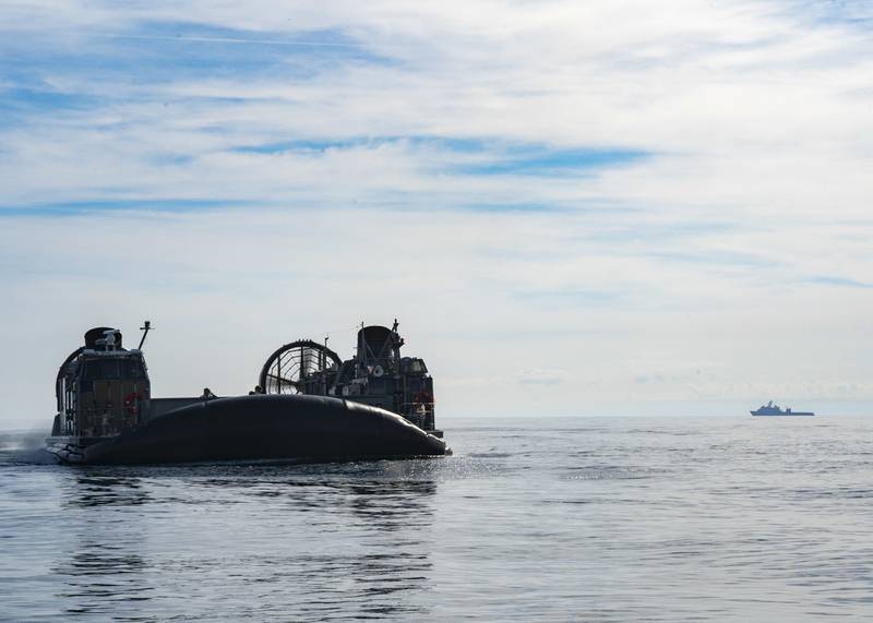 Sailors operate landing craft air cushions during recovery efforts of a high altitude balloon in the Atlantic Ocean, Feb. 8, 2023.