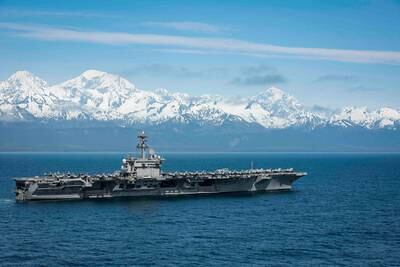 The Nimitz-class aircraft carrier USS Theodore Roosevelt (CVN 71) transits the Gulf of Alaska