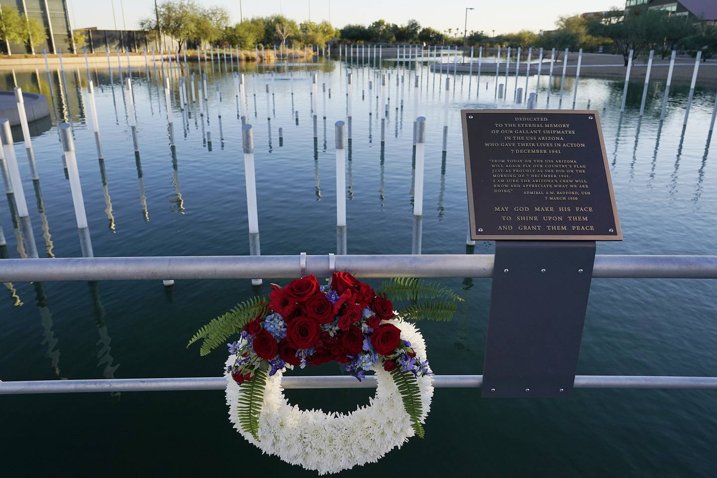 A Veterans Day wreath was left Nov. 11, 2020, in Scottsdale, Ariz., at the USS Arizona Memorial Gardens.