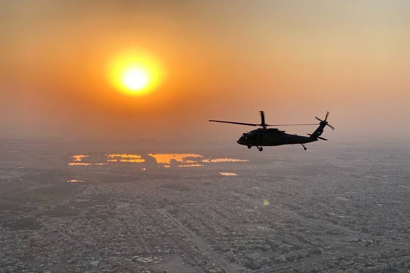 Soldiers operating a UH-60 Black Hawk helicopter conduct aviation operations around the Middle East in support of Operation Inherent Resolve.