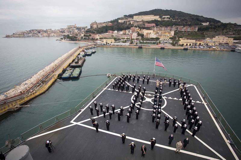The crew of the USS Mount Whitney stands in formation during the ship’s 50th anniversary celebration in Gaeta, Italy, Jan. 14, 2021.