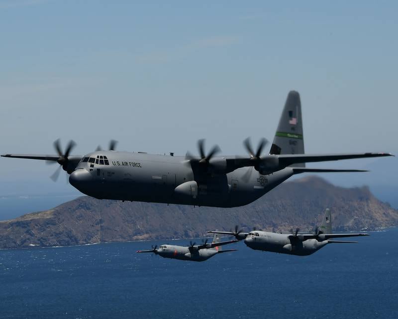 Four U.S. Air National Guard C-130J Super Hercules cargo aircraft from the California Air National Guard’s 115th Airlift Squadron, 146th Airlift Wing, Port Hueneme, California, fly in formation during low-level tactical training near Anacapa Island, Calif., May 14, 2020.