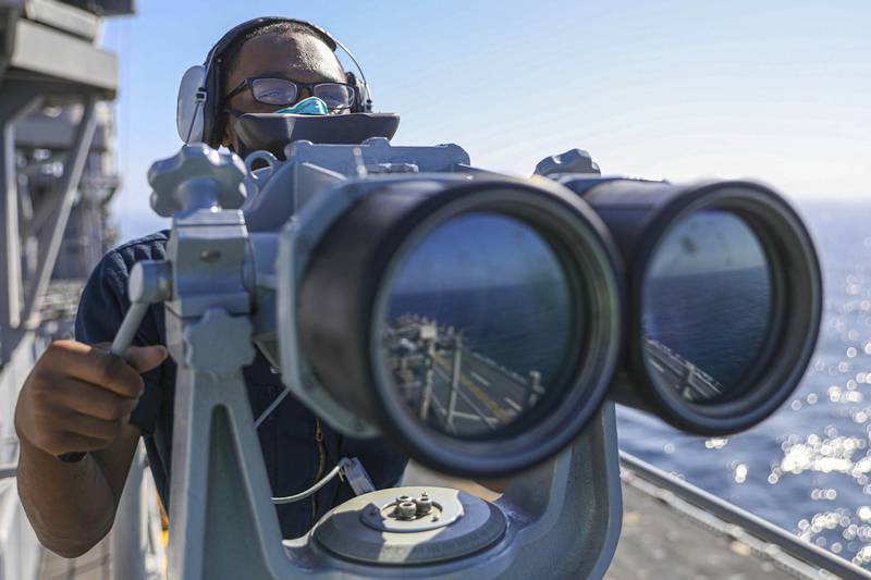 Seaman Armon Price stands a navigation watch Oct. 14, 2020, aboard the amphibious assault ship USS Makin Island (LHD 8) in the Pacific Ocean.