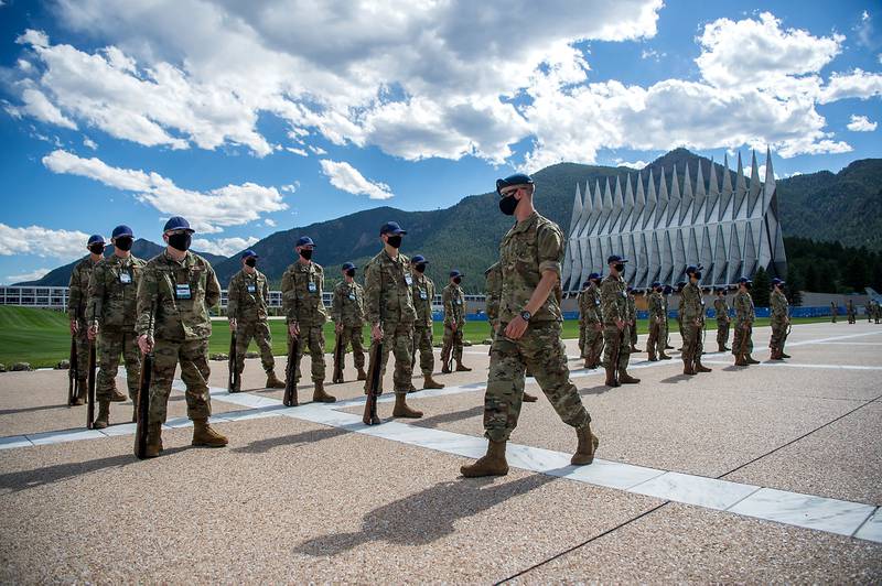 Academy basic cadets participate in the first phase of basic cadet training with marching drills on July 8, 2020, on the Terrazzo at the U.S. Air Force Academy in Colorado.