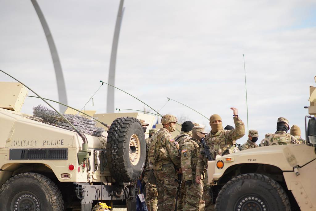 U.S. soldiers with the Hawaii National Guard prepare to roll-out to their assigned traffic security locations in Arlington, Va., Jan. 19, 2021.