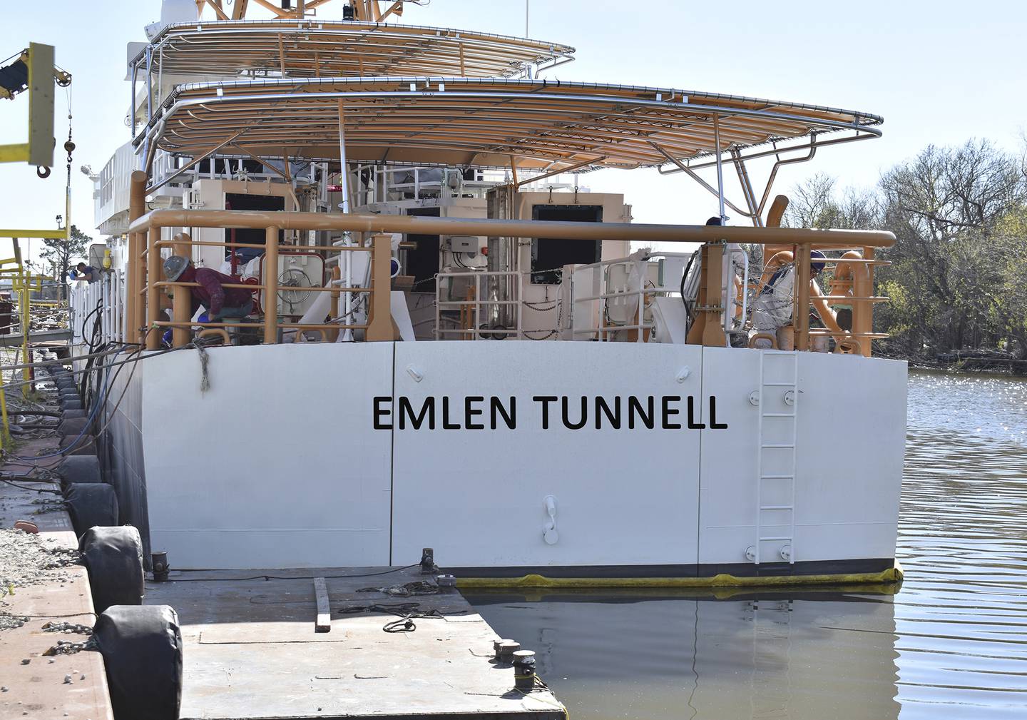 This undated photo provided by the United States Coast Guard shows a U.S. Coast Guard cutter named for Emlen Tunnell, docked in Bollinger Shipyard, in Lockport, La.