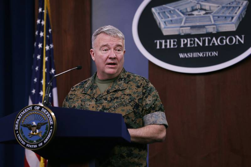 Marine Corps Gen. Kenneth F. McKenzie, commander of U.S. Central Command, talks to journalists during a news briefing at the Pentagon March 13, 2020, in Arlington, Va.