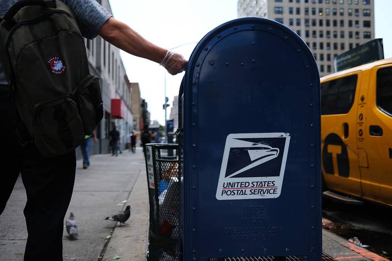 A United States Postal Service mail box stands in Manhattan on Aug. 5, 2020, in New York City.