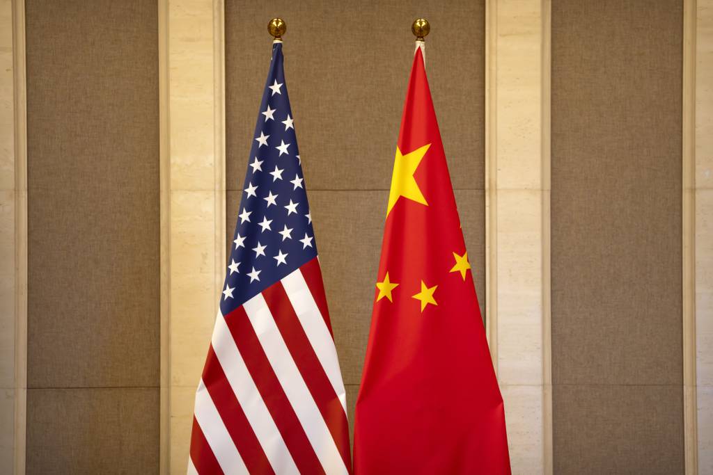 United States and Chinese flags are set up before a meeting between Treasury Secretary Janet Yellen and Chinese Vice Premier He Lifeng at the Diaoyutai State Guesthouse in Beijing, on July 8, 2023.