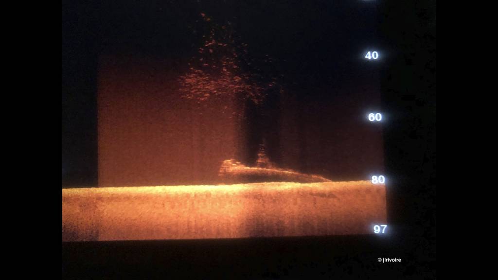 An image on a sonar screen shows a silhouette shape of a submarine lying on the ocean floor somewhere in the Strait of Malacca on Oct. 21, 2019.