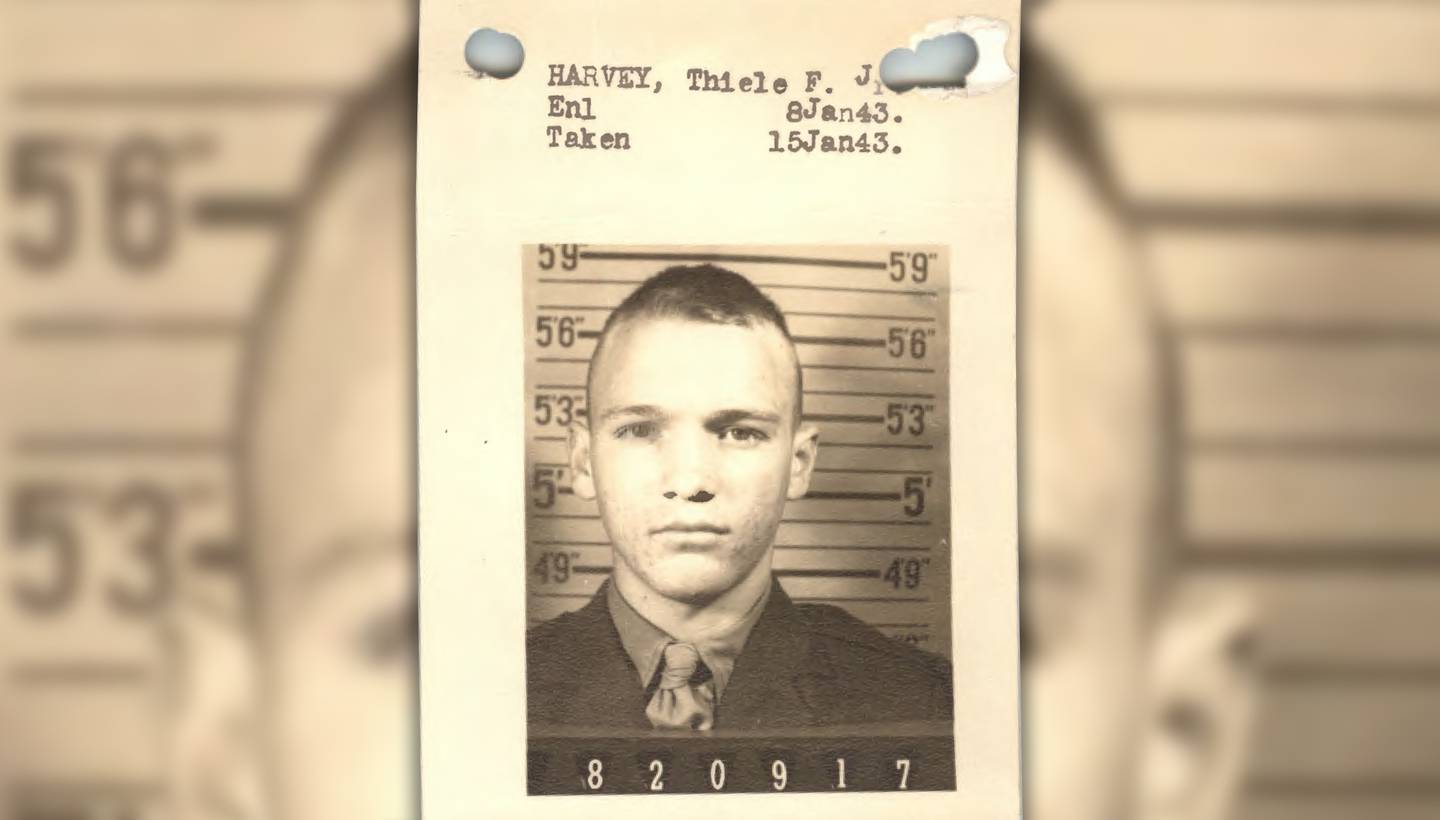 Thiele Fred Havey, pictured Jan. 8, 1943, seven days after enlisting in the Marine Corps. (Photo: National Archives; Illustration: Jared Morgan, Military Times)