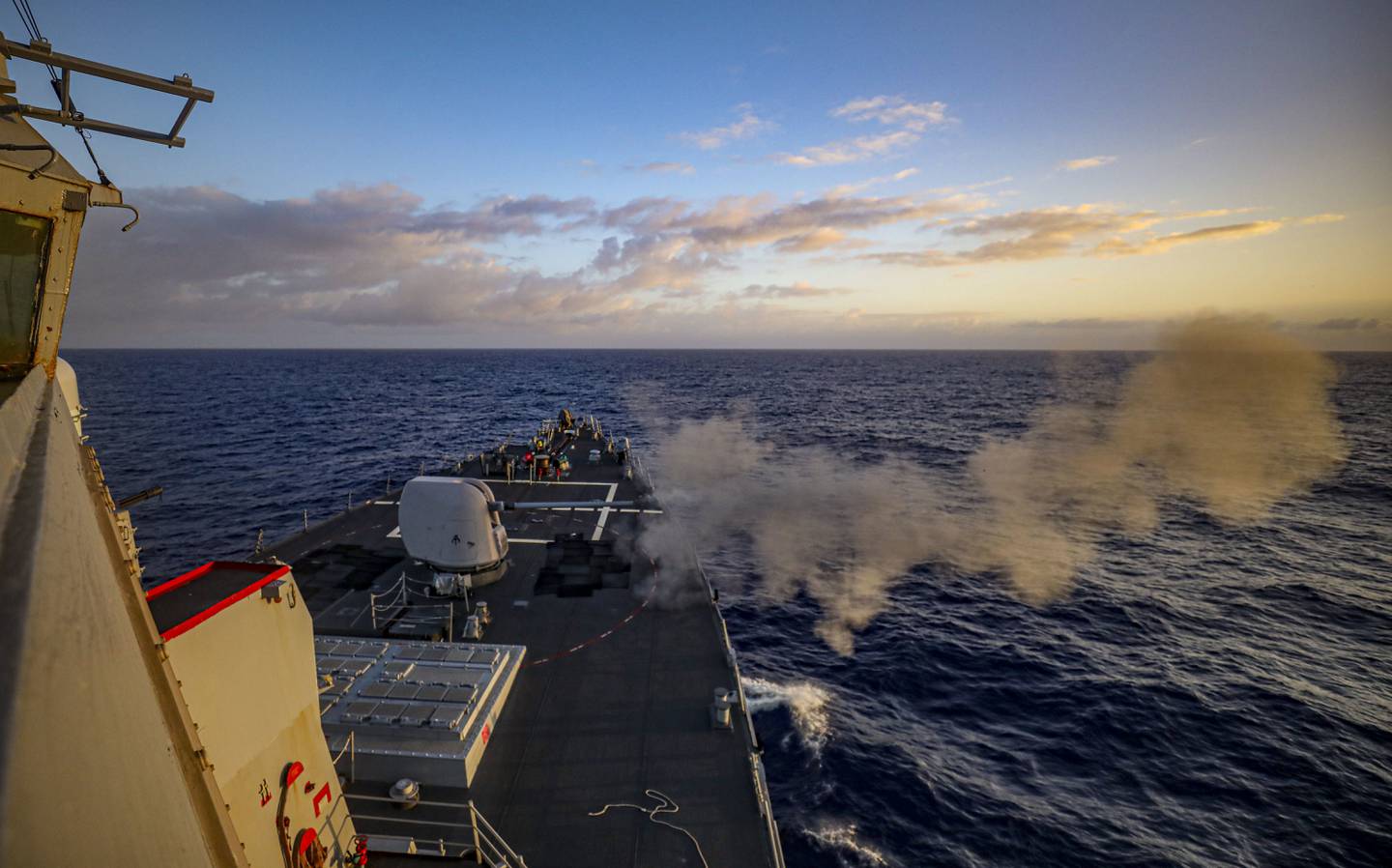 Guided-missile destroyer Benfold conducts a live-fire gunnery exercise as part of Keen Sword in the Philippine Sea, Nov. 13, 2022.