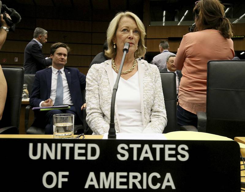 U.S. Ambassador Jackie Wolcott waits for the start of the International Atomic Energy Agency, IAEA, board of governors meeting at the International Center in Vienna, Austria, Wednesday, July 10, 2019.