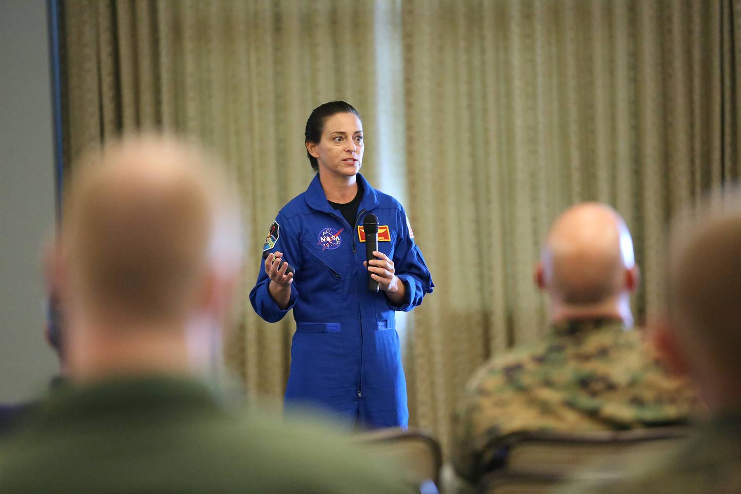 Lt. Col. Nicole “Duke” Mann hosts a seminar aboard Marine Corps Air Station Cherry Point, N.C., Oct. 11, 2016.