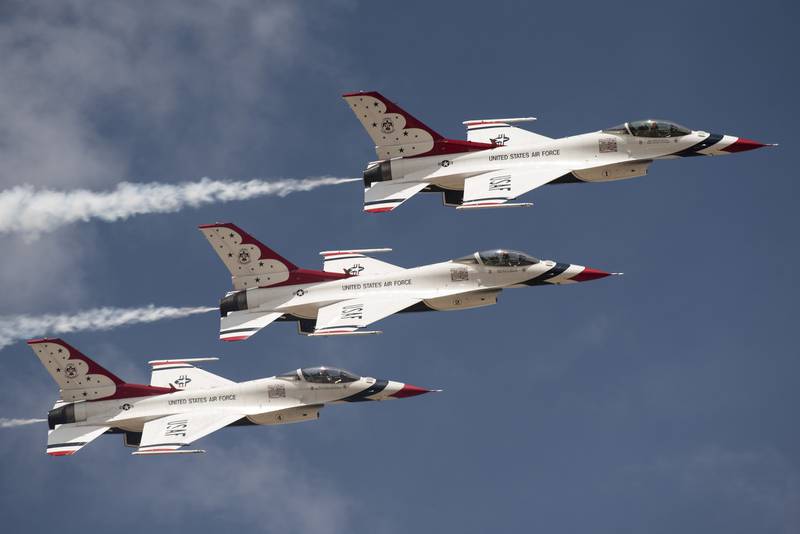 The U.S. Air Force Thunderbirds perform over Falcon Stadium during an airshow after the U.S. Air Force Academy Class of 2019 graduation ceremony in Colorado Springs, Colo.