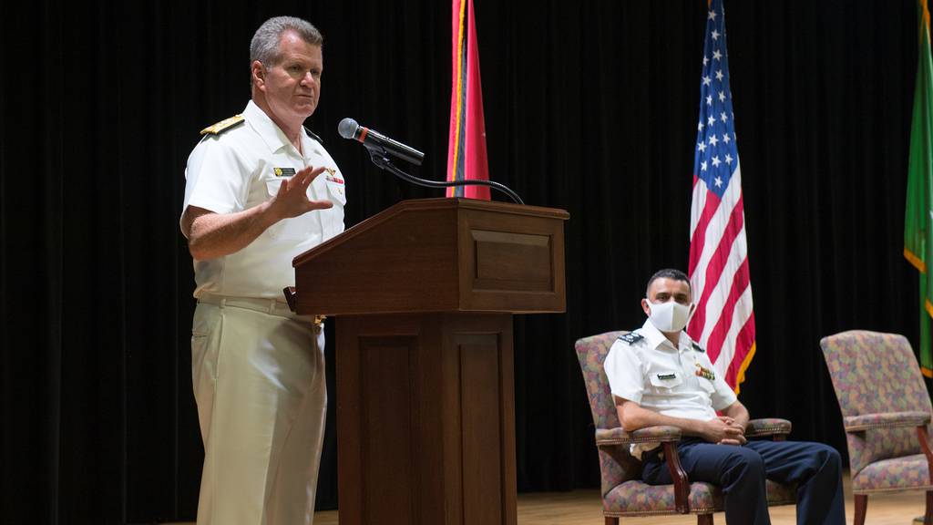Vice Adm. Samuel Paparo, left, commander of U.S. Naval Forces Central Command, U.S. 5th Fleet and Combined Maritime Forces, speaks at the Combined Task Force (CTF) 152 change of command ceremony at Naval Support Activity Bahrain, Aug. 31, 2020.