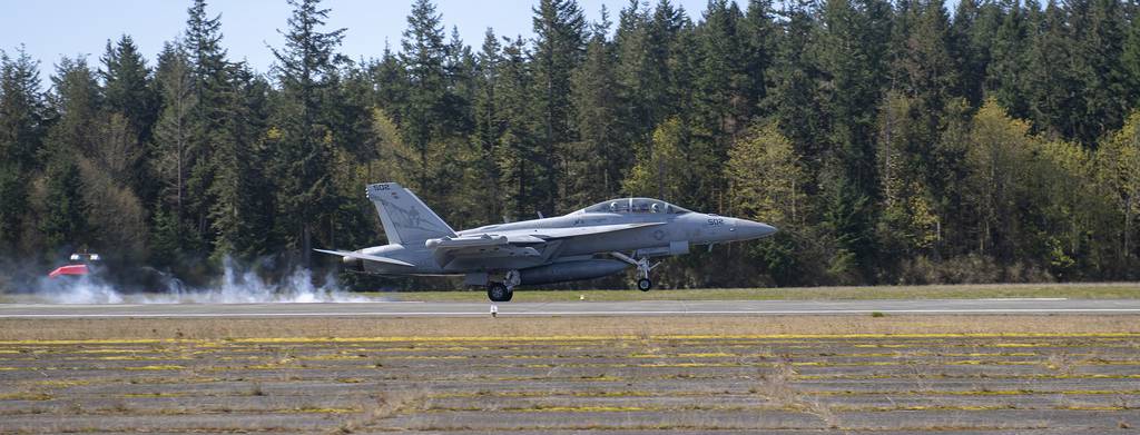 An EA-18G Growler lands April 9, 2019, during a field carrier landing practice at an outlying landing field attached to Naval Air Station Whidbey Island, Wash.