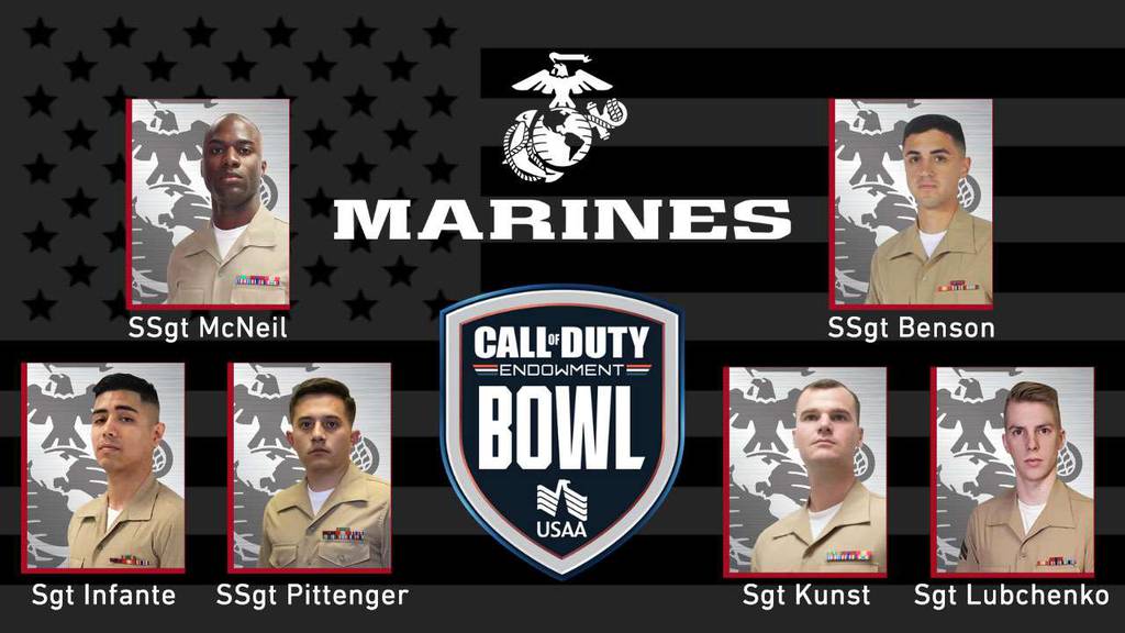 Marines competing in Call of Duty Endowment Bowl on Friday, Dec. 11, 2020: Staff Sgt. Anthony Benson, Staff Sgt. Bradly Pittenger, Sgt. Gerardo Infante, Sgt. Brian Kunst, Staff Sgt. James McNeil, Sgt. Nicholas Lubchenko